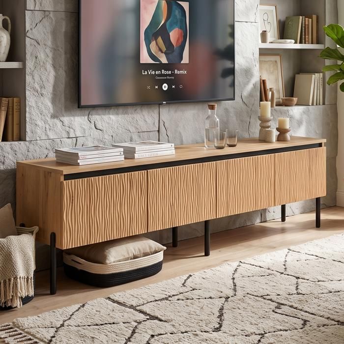 Meuble TV 180x35x43cm Meuble de Salon - Design Ondulé - Gestion des Câbles - Rangement Spacieux - Bois MDF et Métal Naturel Noir