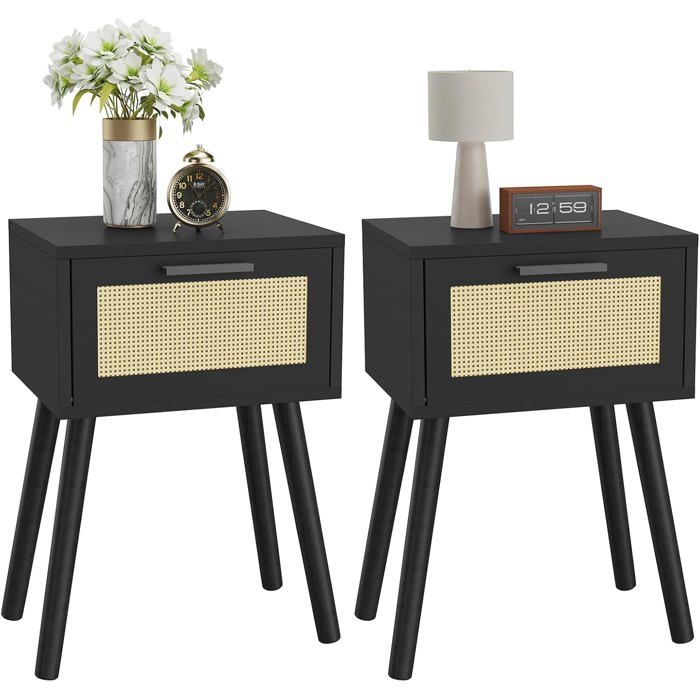 Lot de 2 tables de chevet en rotin et pin - tiroir magnétique panneau de particules noir 35 x 27 x 53 cm pour chambre et salon