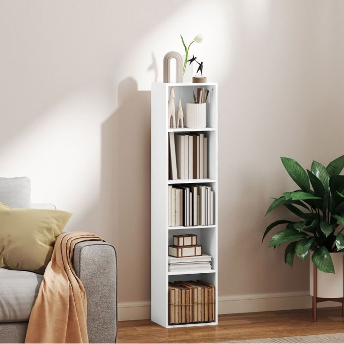 Bibliothèque avec 5 Niches Ouvertes et 3 Étagères Réglables pour Salon et Bureau Bois Blanc 30×24×133 5 cm - UVRION