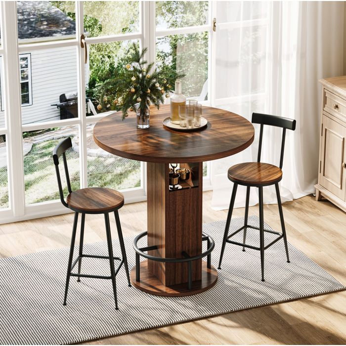 ROVRYN Ensemble table de bar 3 pieces table haute ronde 80 cm avec 2 tabourets rangement integre noyer et noir
