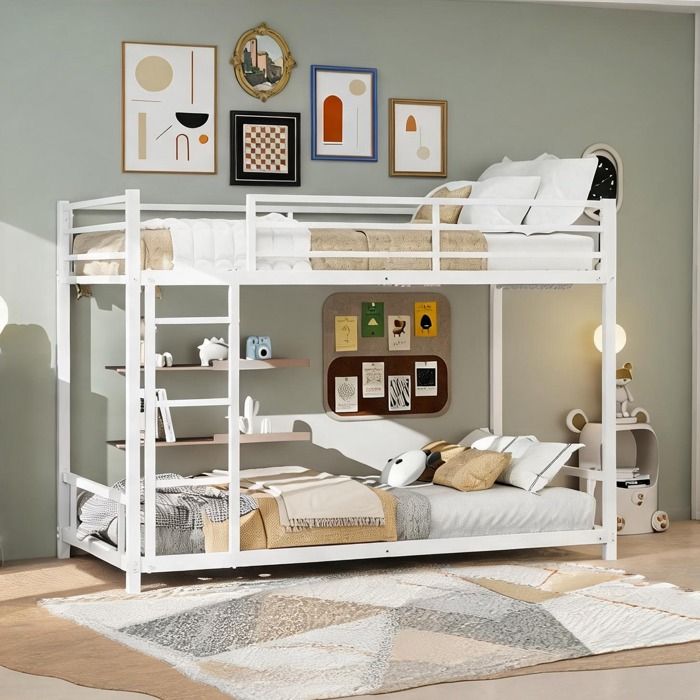 Lit superposé en fer 2x90x190 cm classic white cadre stable hauteur 136 cm espace réduit