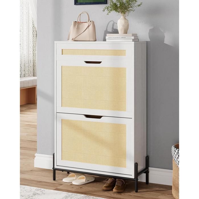 Armoire à chaussures étroite porte osier 1 tiroir 2 charnières base métallique entrée salon 60 x 22 x 105 cm