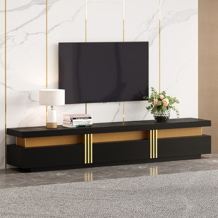 Meuble TV lowboard AESVAR 200 x 40 x 42 cm noir aspect marbre 3 tiroirs passe-câble jusqu’à 90 pouces