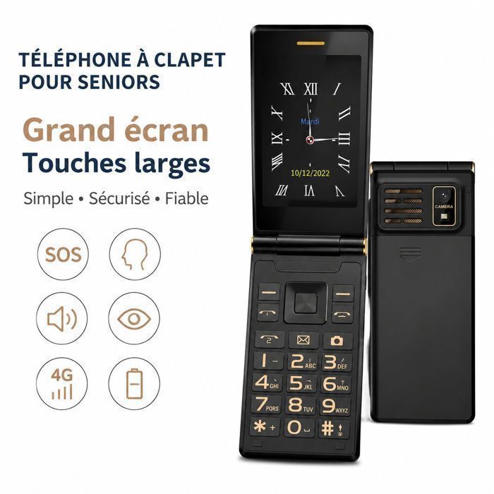 Téléphone seniors – Batterie 5800 mAh – 4G – Touche SOS – Double écran (28 + 24) – Noir