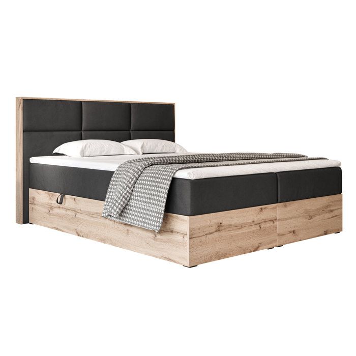Lit Coffre LAVIO - 160x200 cm - avec sommier et surmatelas - Velours doux - Noir