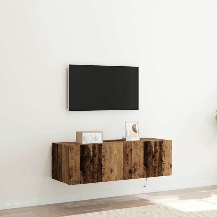 Meuble HIFI - Meuble TV mural LED 2 pcs Bois Ancien en Bois dingénierie avec éclairage LED RVB avec ensemble coordonné pour Salon 5