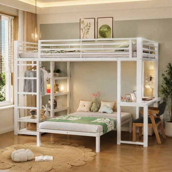 Luscriate - Lit superposé 90x200cm Lit métal avec 4 étagères bureau rangement chargeur USB-C - blanc