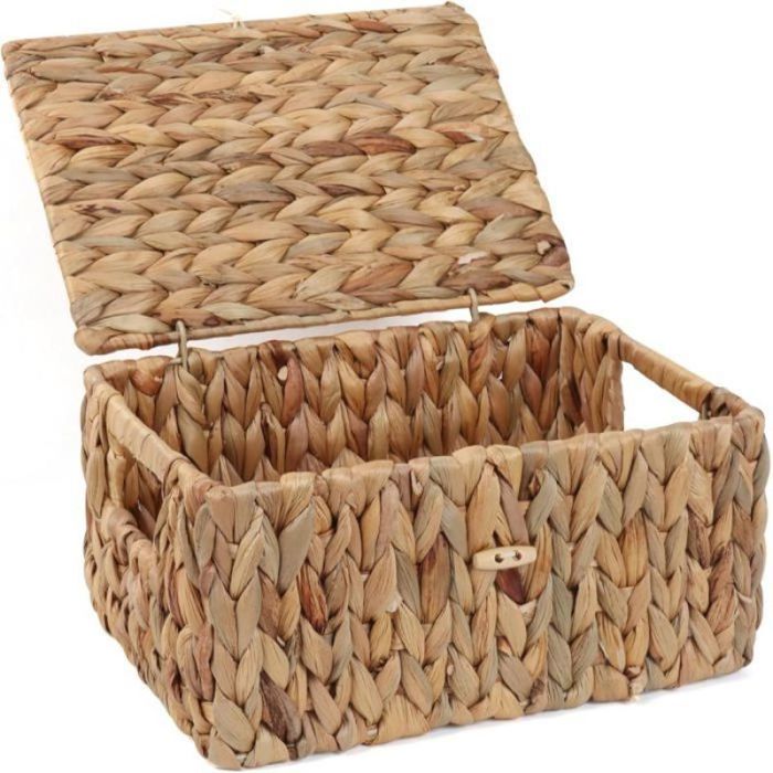 Panier en osier rectangulaire avec couvercle - taille S 28 x 21 x 14 cm - jacinthe deau naturelle cadre en métal