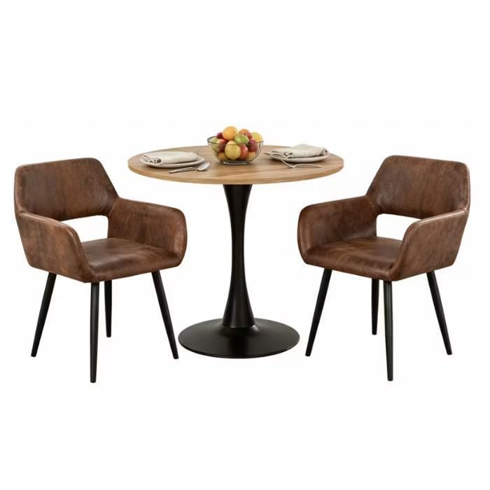 MEUBLES COSY Ensemble de salle à manger de style scandinave composé dune table ronde en chêne et de 2 fauteuils en suédine marron