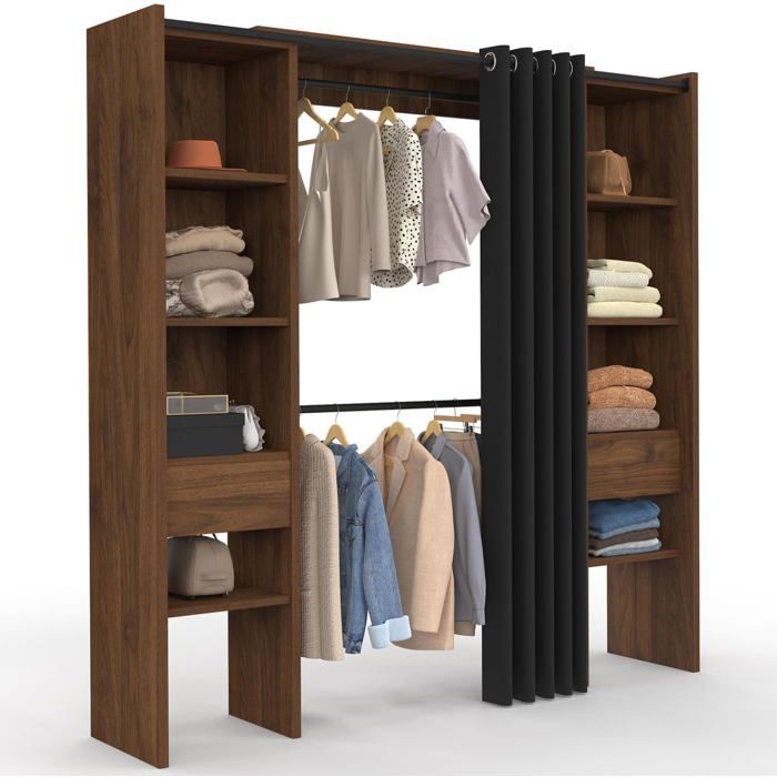 IDMarket Dressing extensible MERYL 120/180x50x180 cm Noyer et Noir avec étagères double penderie et rideau