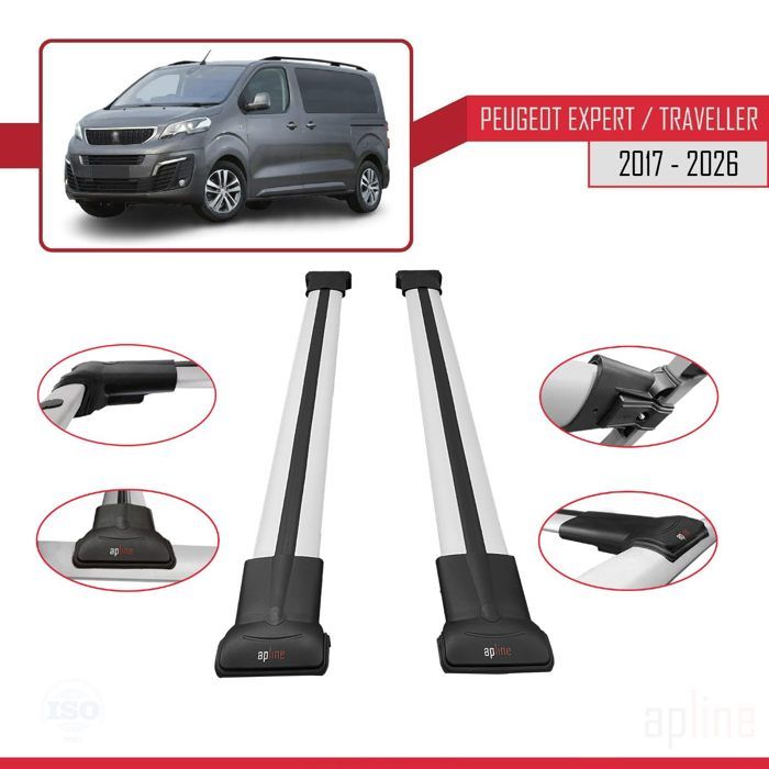 Barres De Toit Aluminium Pour Peugeot Expert/Traveller (2017-2025) - Modèle Fly 3 Barres - Noir - Porte-bagages Pour Coffre, Vélo, Skis