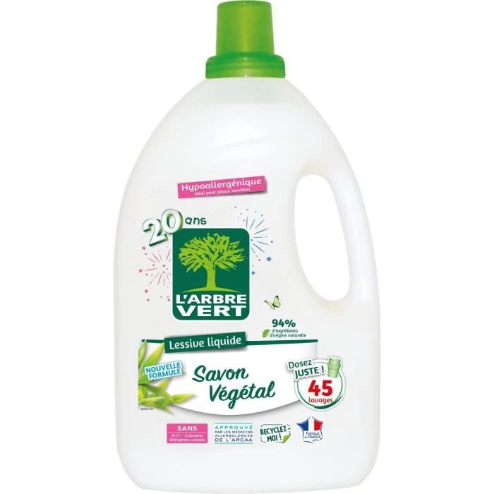 Lessive Liquide - L arbre Vert Savon Végétal Hypoallergénique Sans Allergènes 44 Lavages 2 L Certifiée Écolabel Europée