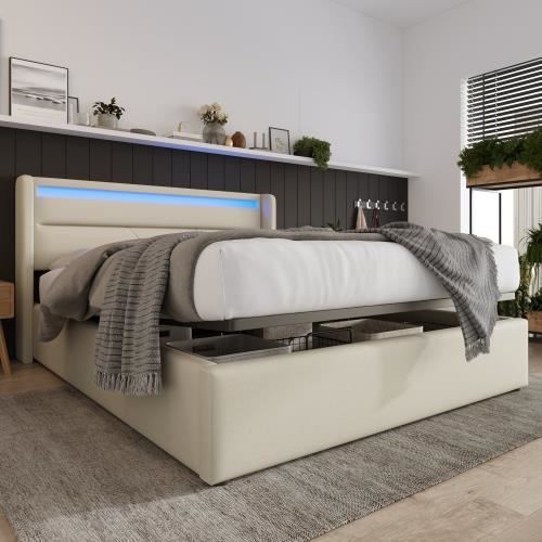 Lit Gigogne 140x200 Avec Rangements Et Lumières LED - Cadre Pin Blanc Avec Matelas Escamotable Et Ports USB