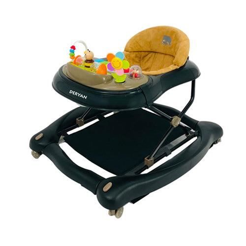 Chaise de marche 4-en-1 de luxe Deryan- Fonction balançoire - Inclus set de jeu et plateau - Pliable - Noir/Nougat