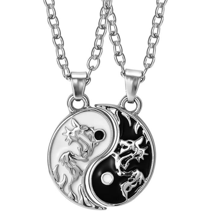 MiaLover Yin Yang Set van 2 halskettingen Taichi BFF, vriendschapskettingen, partnersieraden, kettingen voor beste vrienden, geliefden en koppels (zilver), Roestvrij staal
