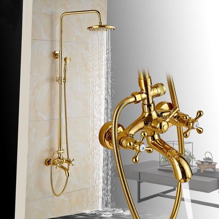 Ensemble De Robinet De Douche En Acier Inoxydable 304 Brossé Doré Avec Bec De Baignoire, Pommeau De Douche à Effet Pluie De Luxe Avec Douchette à Main à 3 Voies