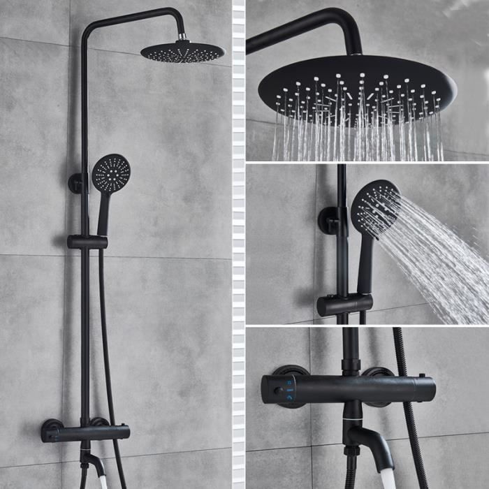 8 noir mat de salle de bains robinet de douche thermostatique mural pommeau  de douche de pluie avec douche à main bec bec mélangeur - Cdiscount  Bricolage