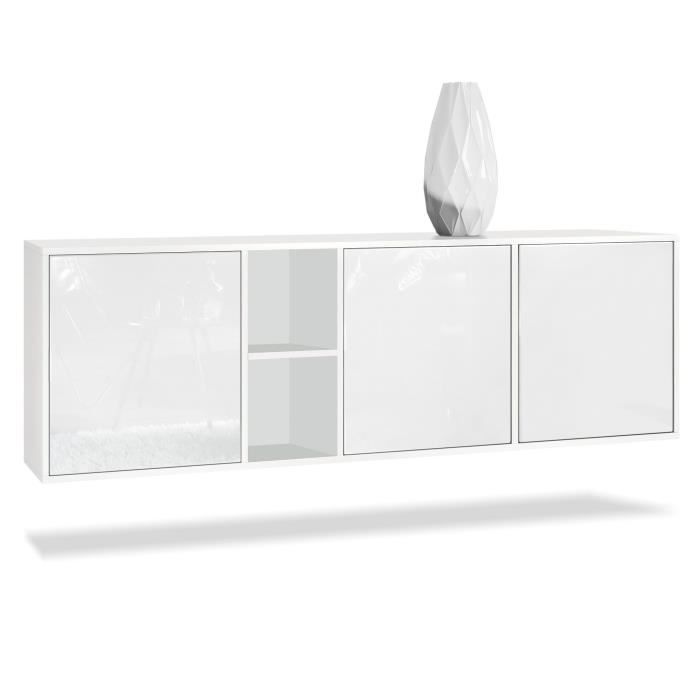 Vladon Buffet Armoire Cuba Corps en Blanc mat - Façades en Blanc haute brillance
