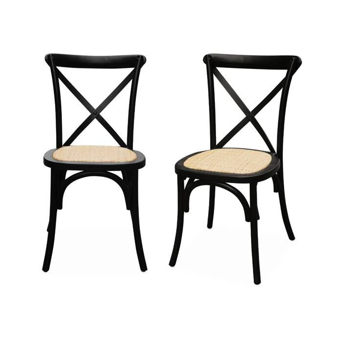 lot de 2 chaises de bistrot en bois d'hévéa noir - sweeek - vintage - assise en rotin - empilables