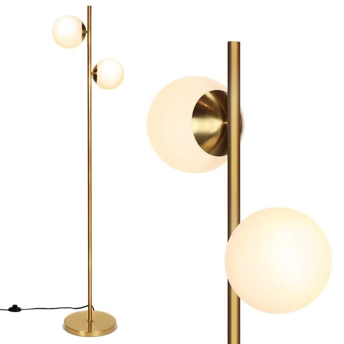 costway lampadaire salon-2 abat-jours globes en verre dépoli avec ampoules led 2*6w-interrupteur au pied-poteau dorée-chambre,bureau