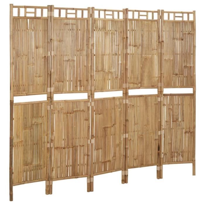 Cloison Séparatrice Pliante 5 Panneaux - 200 X 180 Cm - Bambou & Toile Crème - Paravent Intimité Naturel