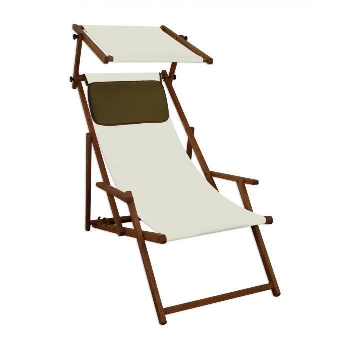 chaise longue de jardin pliante blanche en bois avec pare-soleil et oreiller - erst-holz - 10-303skd
