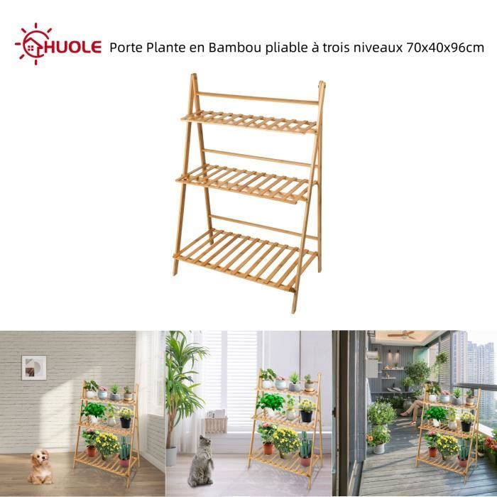 Porte Plante en Bambou pliable à trois niveaux 70x40x96cm - HUOLE - Marron - Universel - Bois