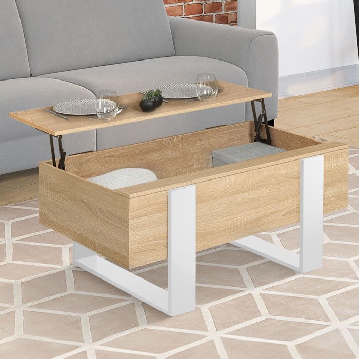IDMARKET Table basse plateau relevable rectangulaire PHOENIX bois et blanc