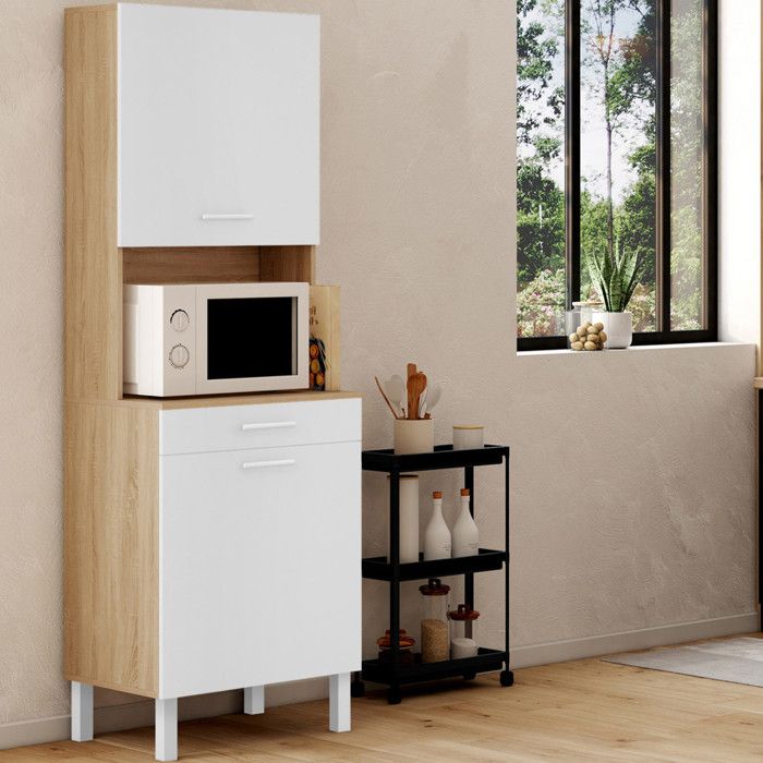 IDMARKET Buffet de cuisine 60 CM CINA 2 portes + tiroir façon hêtre et blanc