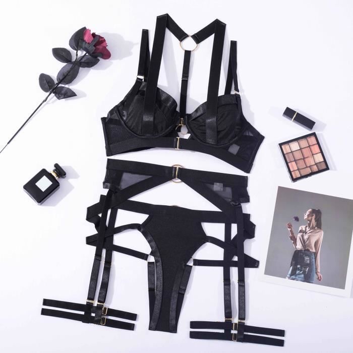Garosa Ensemble de lingerie a lanieres pour femmes Ensemble de Lingerie soutien gorge a armatures jarretiere vetements chemise Black Cdiscount Pret a Porter