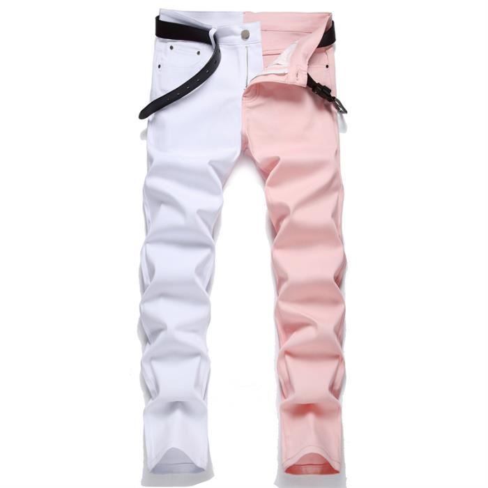 Jeans Homme Pantalon en Jean Homme Stretch Vintage Skinny Slim Fit Jeans Casual Pantalons Crayon Denim Jean Splicing Blanc Rose Blanc Rose Cdiscount Pret a Porter