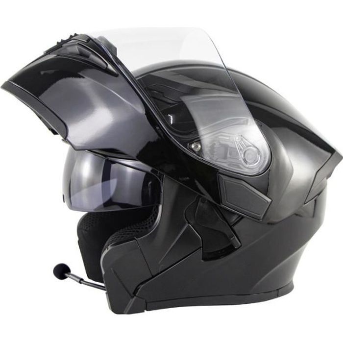 Casque de moto modulable double lentilles casque Bluetooth de sécurité hommes casque de scooter femmes, Noir brillant