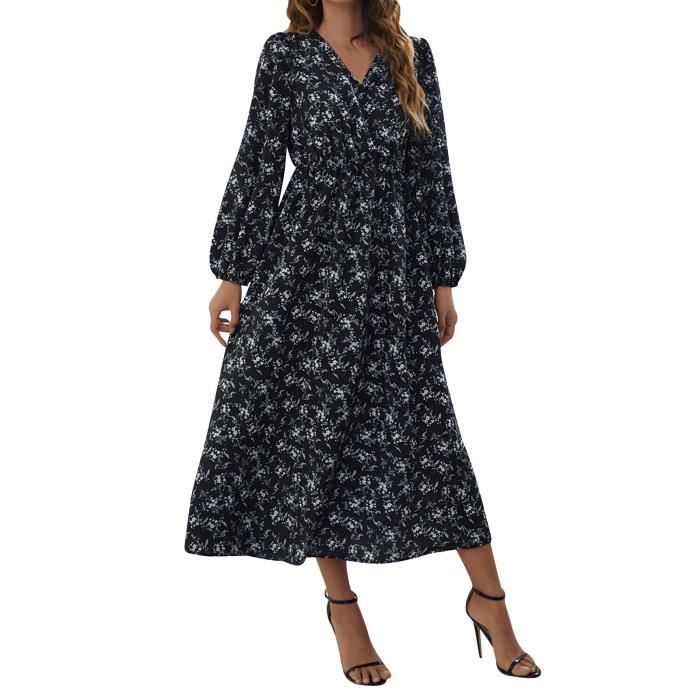 Robe Patchwork Dentelle Imprimée Manches Longues Col V Femme - Élégante Et Confortable