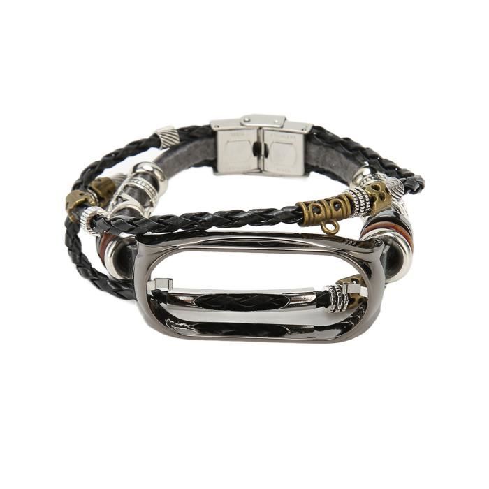 OMABETA pour bracelet en cuir Xiaomi Mi Band 7 Pour Xiaomi Mi Band 7 Bracelet en cuir métal Snap rétro bijoux piece Noir + Noir
