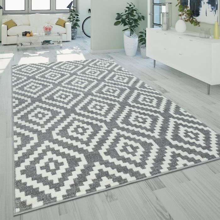 Tapis À Poils Ras Salon Moderne Géométrique Motif Losanges En Gris Blanc [60x100 cm]