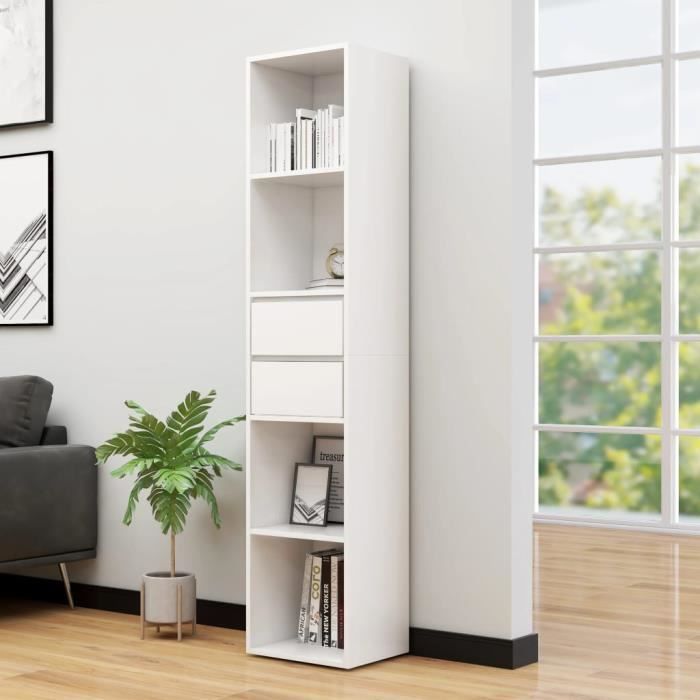 Bibliothèque contemporaine blanche avec 4 étagères et 2 tiroirs - TMISHION