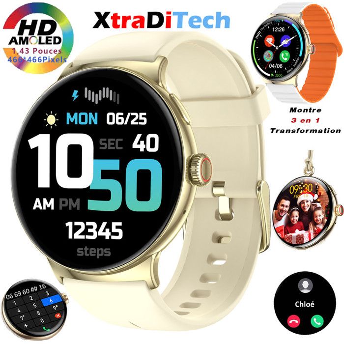 Montre Connectée Sport XtraDiTech avec Appel Écran AMOLED 143 Couronne Numérique 2 Bracelets Transformabilité Montre Gousset Poche