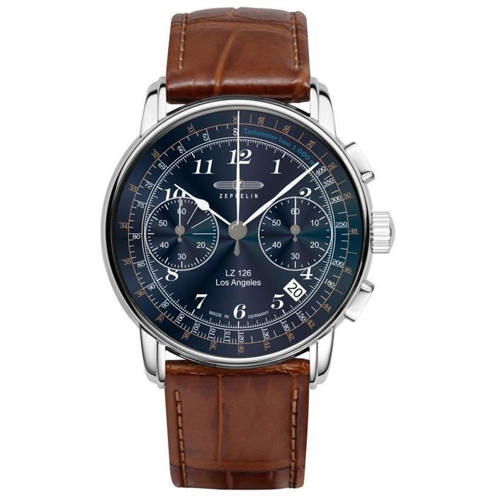 Montre homme - Zeppelin - 7614-3 - Cuir marron - Cadran bleu - Indices lumineux