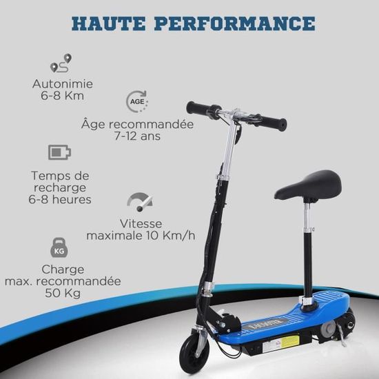 HOMCOM Trottinette Electrique Pliable Pour Enfants partir de 7 Ans Hauteur  Guidon et Selle réglable 12KM/H 120W Frein à Main Siège Noir 