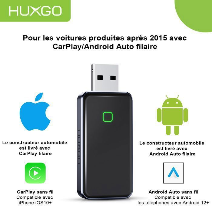 Adaptateur Android Auto & CarPlay Sans Fil 3-en-1 HUXGO - Android 13 Intégré, 8Go RAM/128Go Stockage, YouTube/Netflix