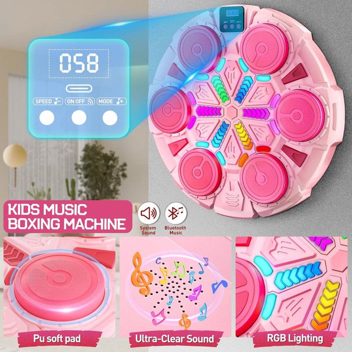 Machine De Boxe Musicale Bluetooth Pour Enfants - Gants Inclus - 3 Vitesses - Lumières Rythmées - Exercice Ludique - Cadeau Sportif Enfant