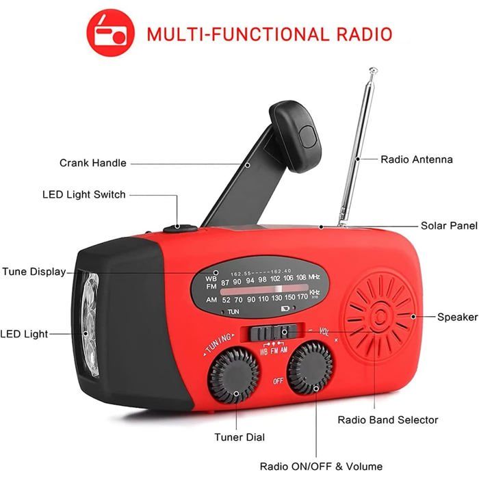 Radio à Manivelle Solaire étanche AM/FM/OC - Charge USB, Lampe Torche, Lecteur Audio - Pour Camping, Randonnée, Survivalisme (batterie 1200mAh)