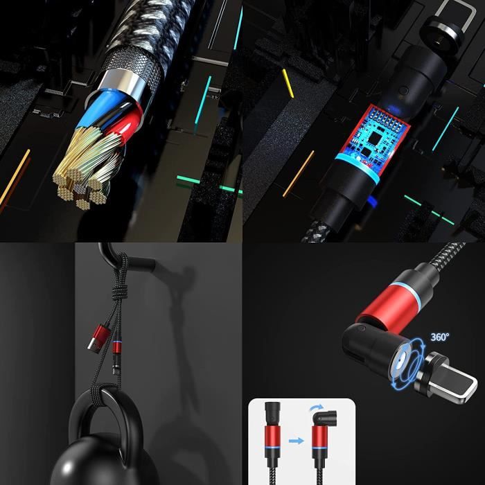 Câble Magnétique, [2Pack, 1.2M+2M ] 3 en 1 Nylon USB Aimanté Câble 360° et  180° Rotatif Câble Chargeur Magnétique for Micro USB[366] - Cdiscount  Téléphonie