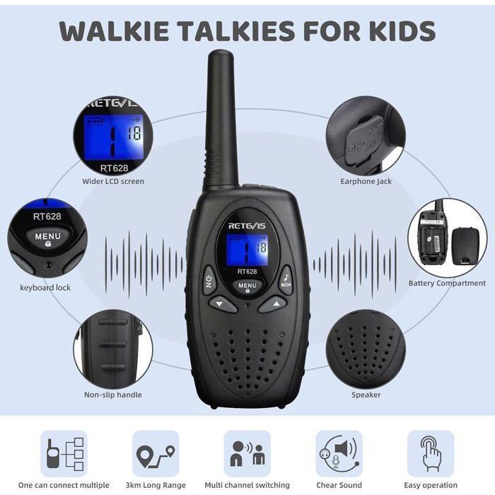 Talkie-Walkie Enfant Retevis RT33 Camouflage - 2 Pièces - Portée Longue, 8 Canaux, Lampe Torche, VOX - Cadeau Top Pour 6-12 Ans Aventure Extérieur