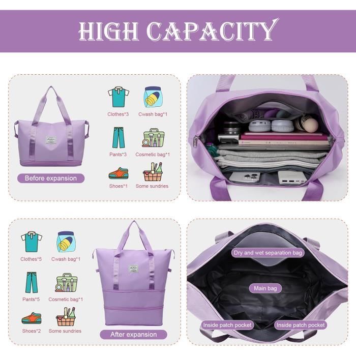 Sac De Voyage Femme Pliable Rose - Sac Weekend Cabine Avion Avec Housse Chariot Et Compartiment Sec/Humide