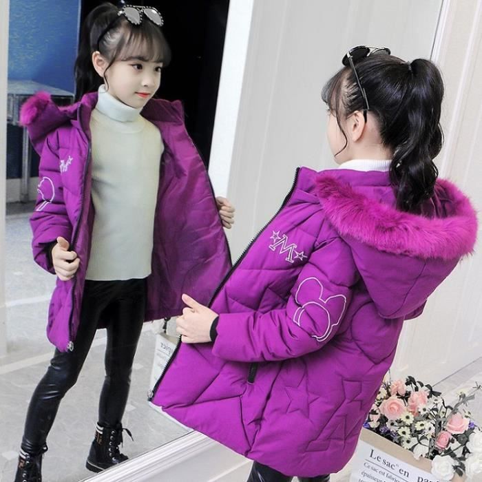 Manteau a Capuche Pour Filles de 4 a 12 ans d hiver a Col en Fourrure Vetements d exterieur de Style Long en velours Violet Violet Cdiscount Pret a Porter