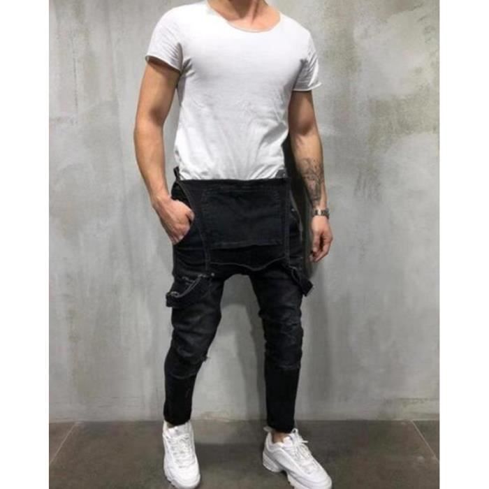 Salopette Homme en Denim Slim Fit Dechire en Detresse Pant Jean a Bretelles Salopette de Travail Casual Noir