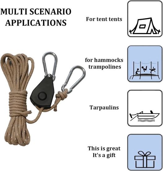 Lot De 4 Suspensions à Cliquet Réglables 2m - Tendeurs De Câble Solides Avec Mousquetons - Charge 34kg - Idéal Camping & Maison