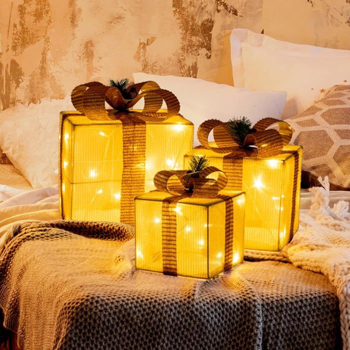 CCLIFE Lot De 3 Cadeau Lumineux Noel Boîtes à Cadeaux Lumineuses LED