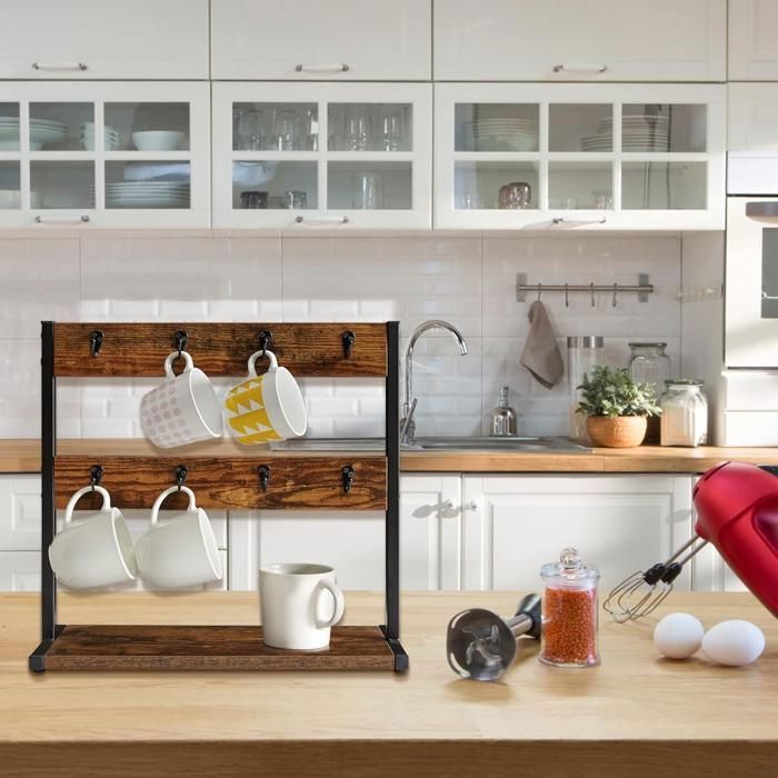 Support Mural Style Français 2 étagères, Porte-assiettes Et Tasses En Métal Et Bois, 38 Pouces